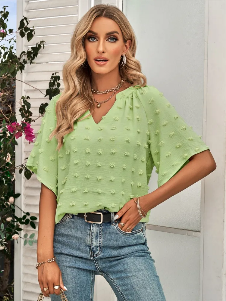 

Sexy V Neck Half Sleeve Shirt Blouse Office Lady Spring Summer Fashion Casual Solid Flocking Shirts For Women 2023 Female Tops