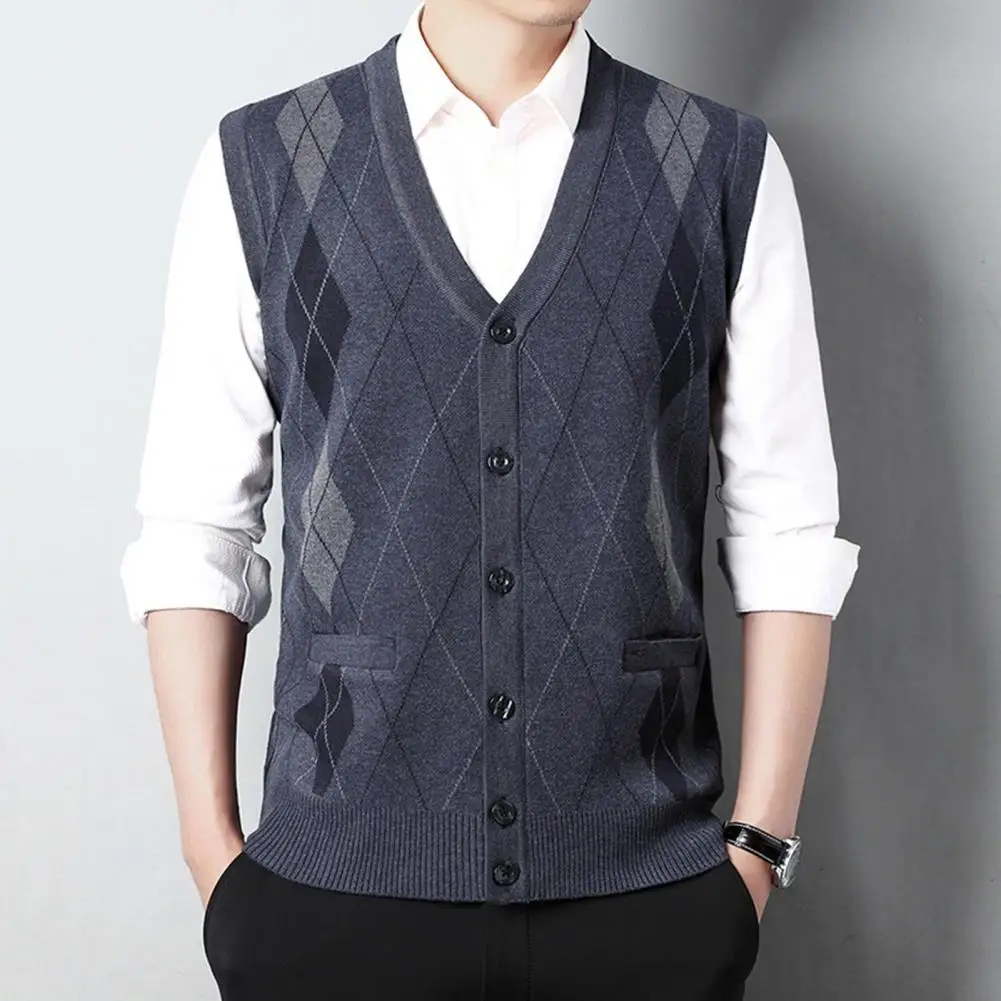 Geometric Pattern Cardigan Mid-aged Men's V Neck Cardigan Vest Pockets Autumn Winter Sleeveless Knitted Male