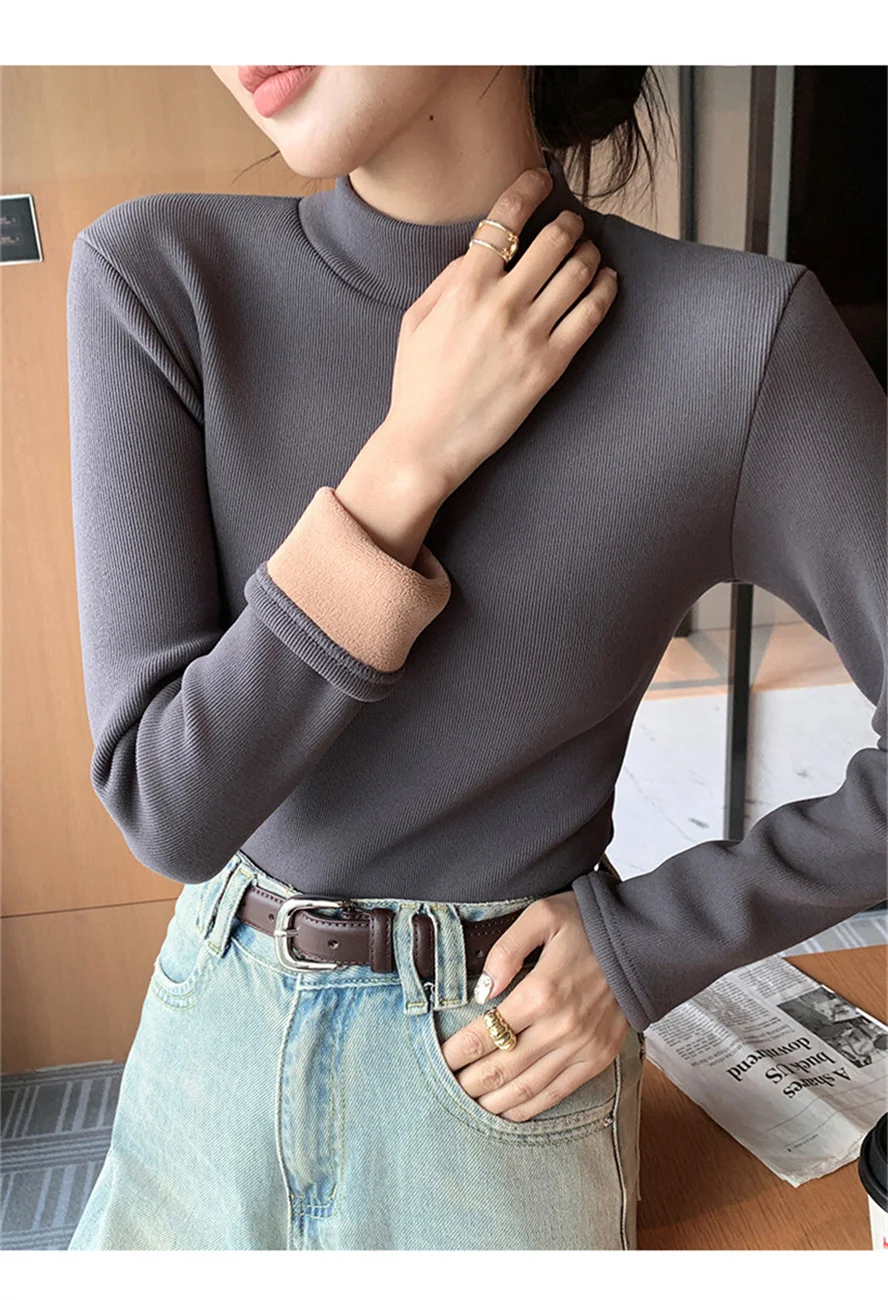 Women's Half high Neck Slim Fit Knitted Base Shirt Fleece Warm Top Autumn Winter Casual Long Sleeved Thicken Sweater Pullovers