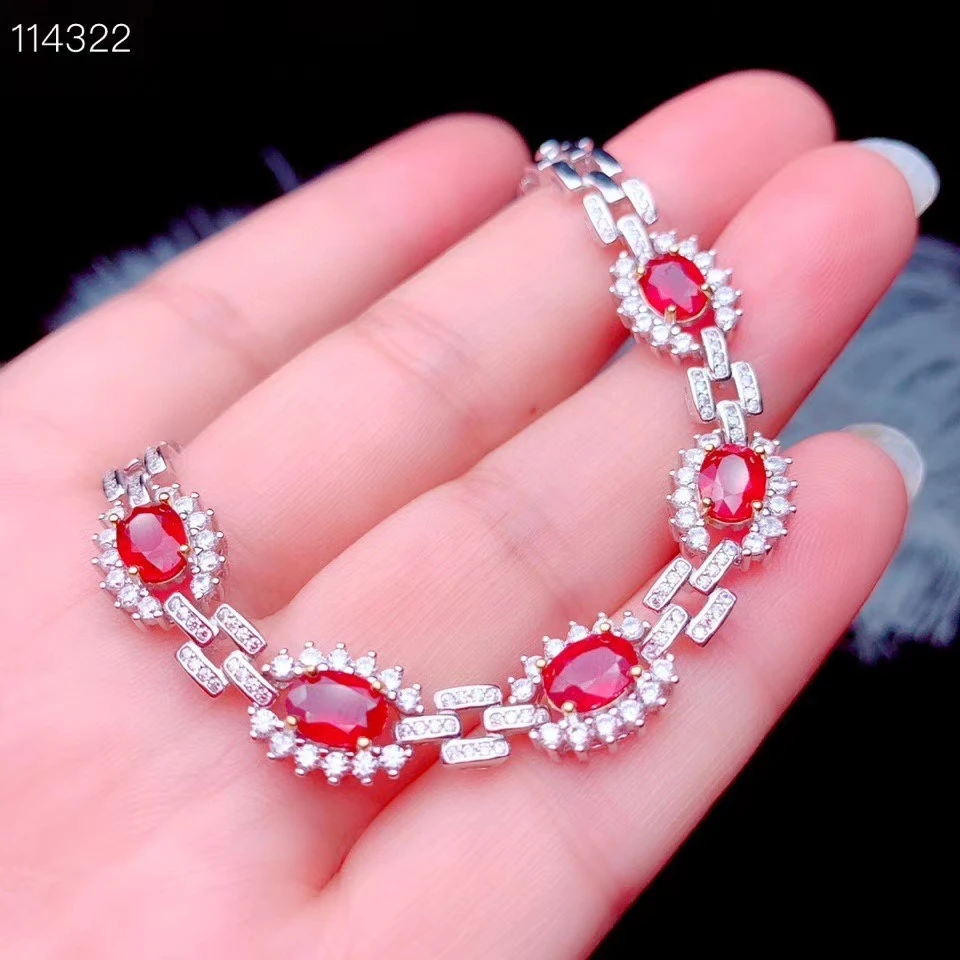 Meibapj Natural New Burned Ruby Gemstone Luxurious Bracelet 925 Sterling Silver Red Stone Bangle
