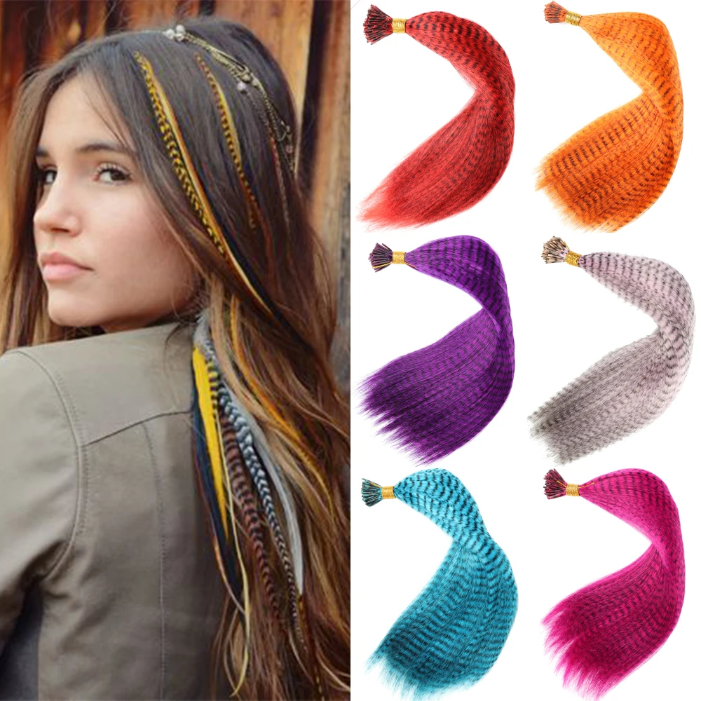 synthetic fake feathers in hair fibers extensions for women colored stands  of feathers for hair extension