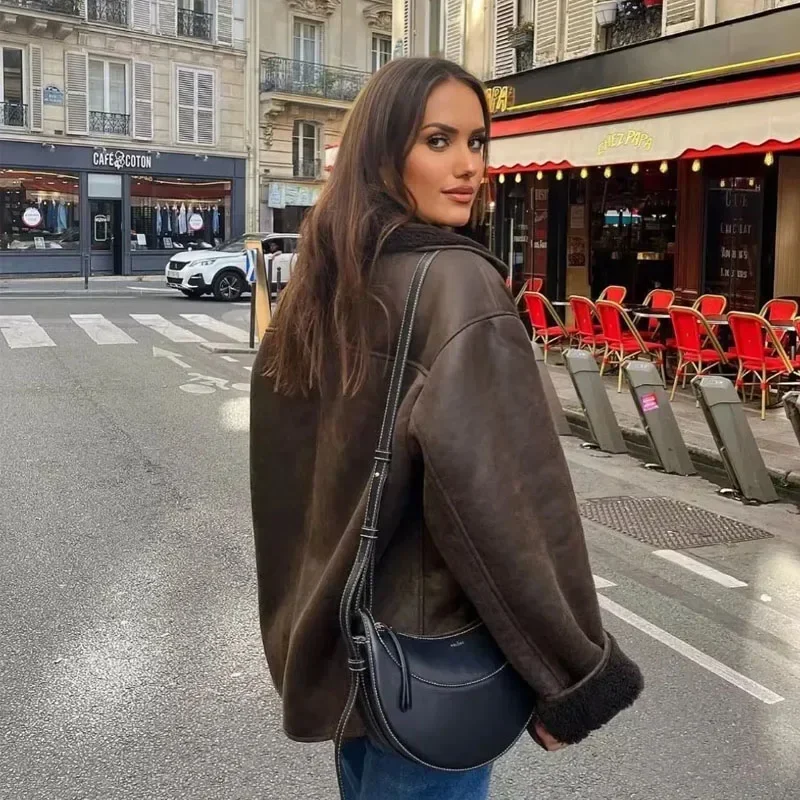 TRAF Fleeced Faux Leather Jacket Women Outerwears Vintage Cold Faux Wool & Blends Coats For Woman Autumn Winter Plush Jacket 4
