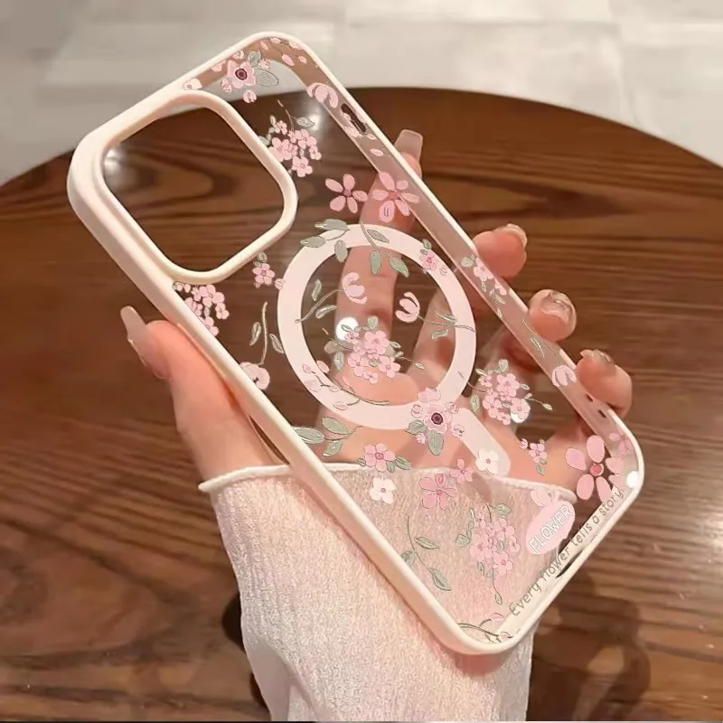 Elegant Pink Flower Magnetic Wireless Charging Case Cover