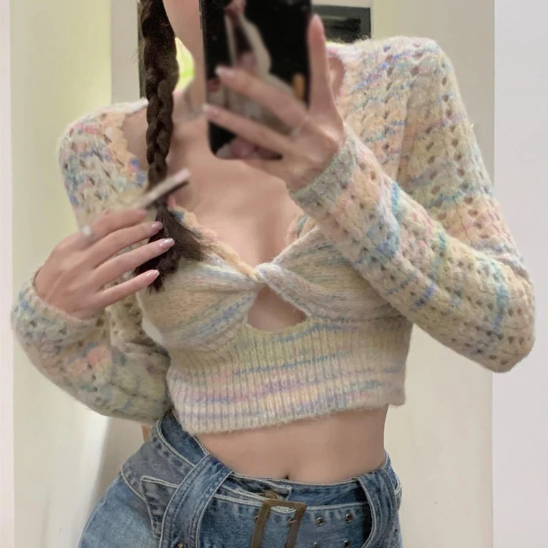 

Short style Design sense Long sleeved V-neck Women's tops Women's knitwear