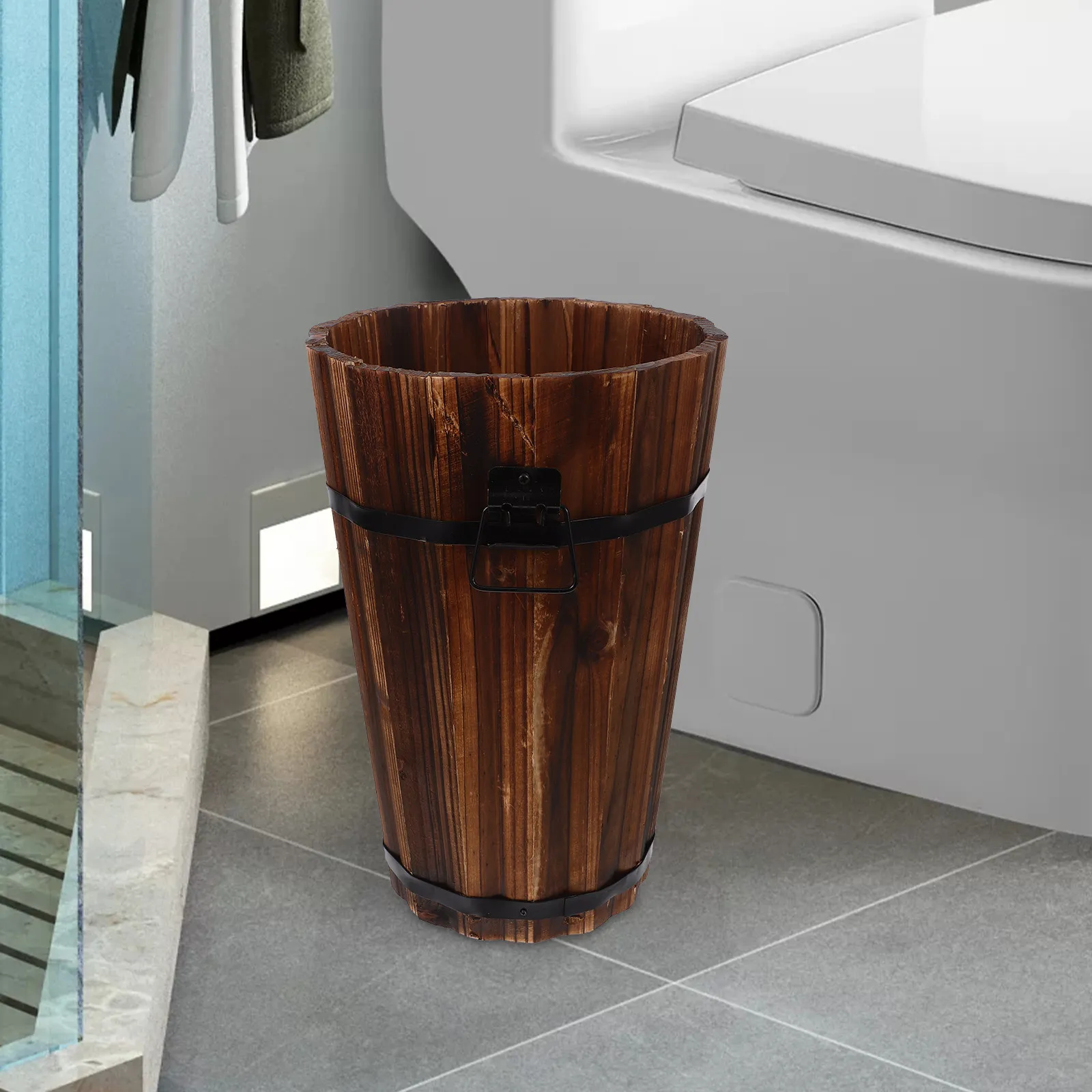 소박한 나무 쓰레기통 중간 크기 원형 욕실 쓰레기 바구니 침실 사무실 욕실용 장식 수납함
