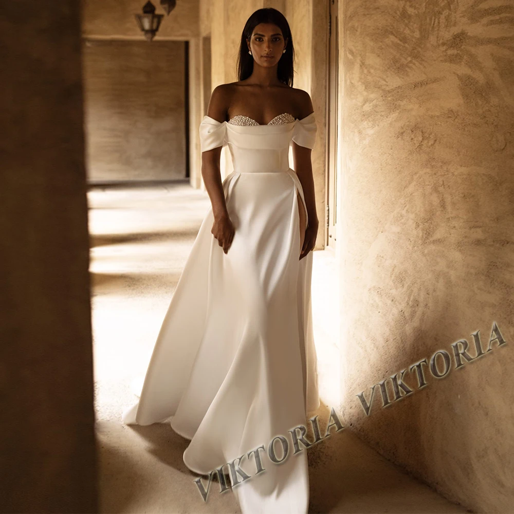 VIKTORIA-Robe de Mariée Classique en Satin avec Fente Latérale, Ligne A, Perles, Personnalisée, pour Femme