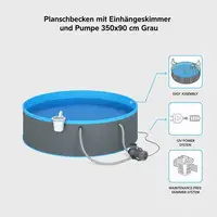 Piscine murale ronde en acier 350 x 90 cm grise avec skimmer et pompe filtrante, piscine hors-sol pour jardin et terrasse, piscine familiale pour adultes et enfants, ensemble piscine pour l'été et la détente en plein air, piscine de jardin pour la maison 4