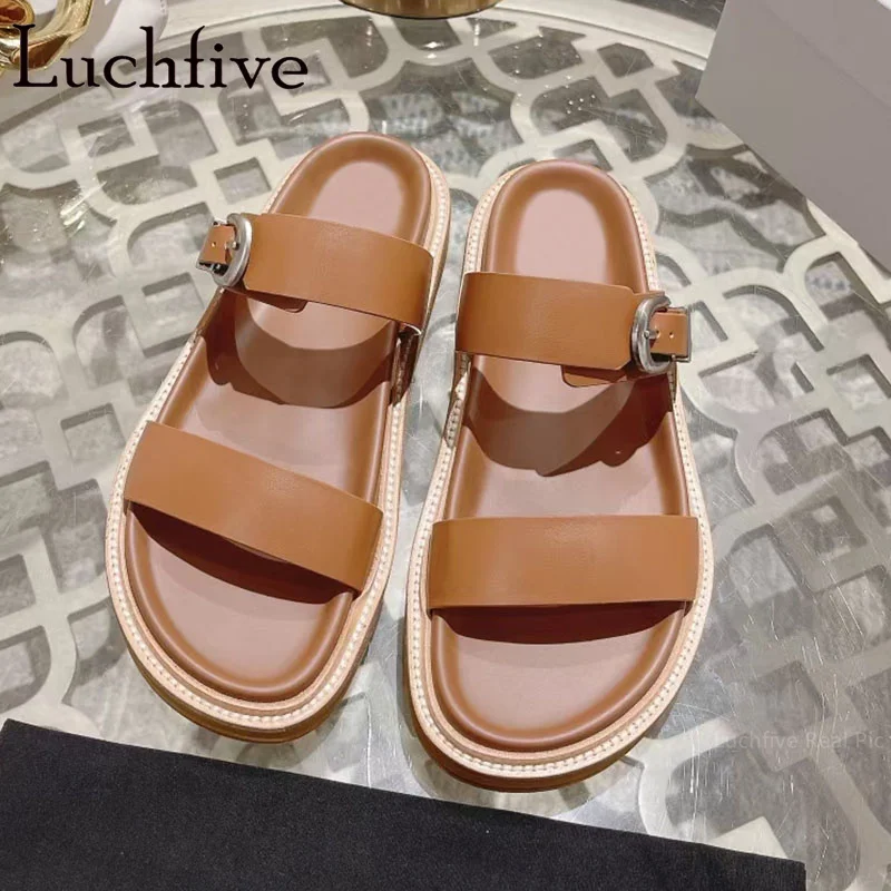 

High Quality Leather Thick Sole Flats Slippers Women Slip On Peep Toe Mules Brand Designer Casual Shoes Gladiator Sandals