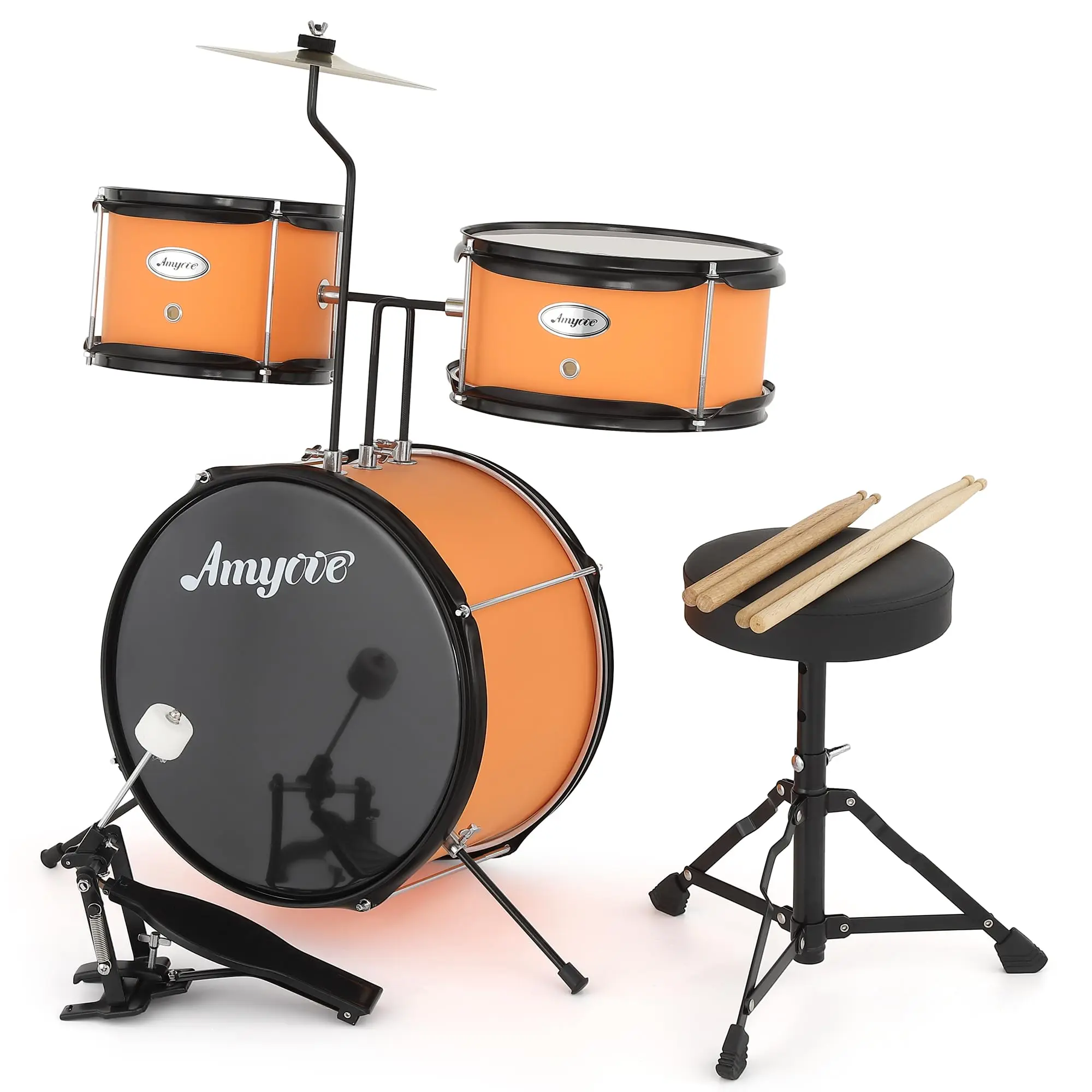 Drum Set for Children, 3 Drum Acoustic Set, Wood and Metal Design, Yellow Finish, for Early Music Learning, Home Practice