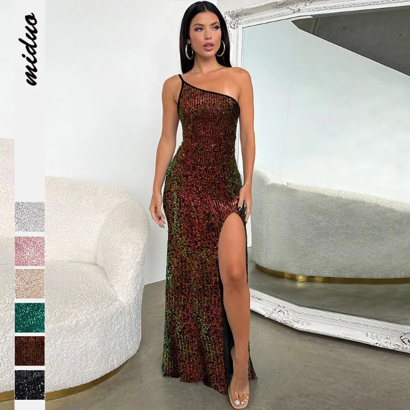 

Sequin Chic Elegant Dresses For Women Sexy One Shoulder Open Side Bodycon Evening Long Dress Glitter Prom Robe Wedding Clothes