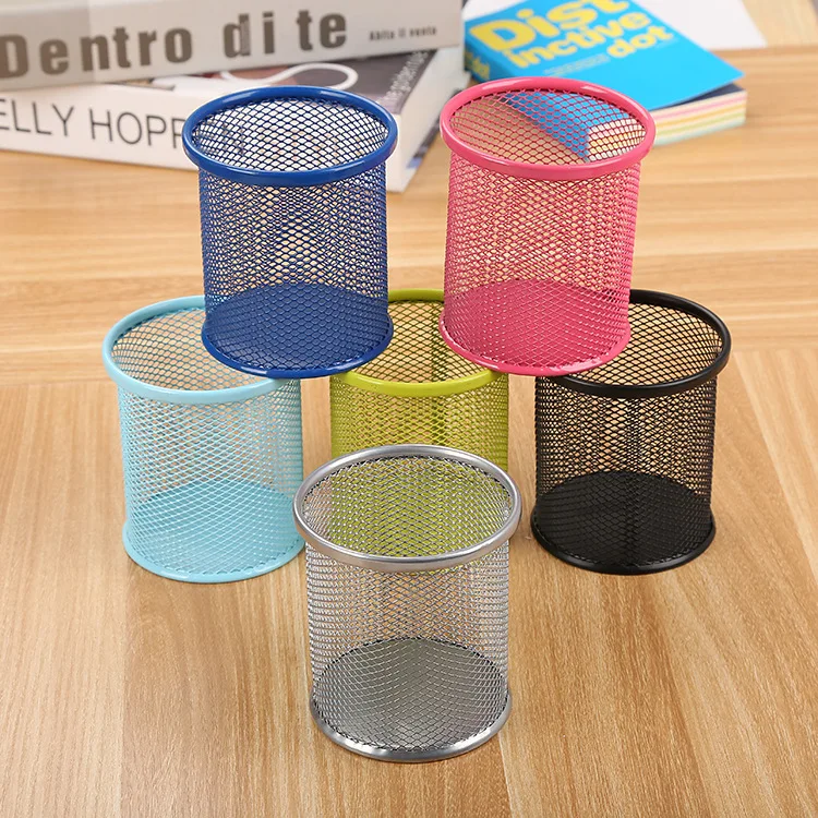 Durable Pen Holder Metal Mesh Square Round Pencil Case Large Capacity Desktop Storage Box School Office Stationery