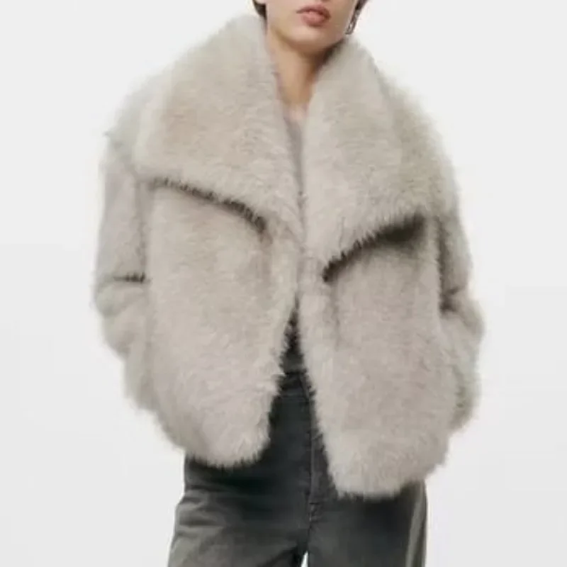 Autumn Winter Thick Warm Faux Fur Jacket Women Loose Fur Coat Lapel Collar Casual Fluffy Fur Overcoat Outerwear Plush Parka