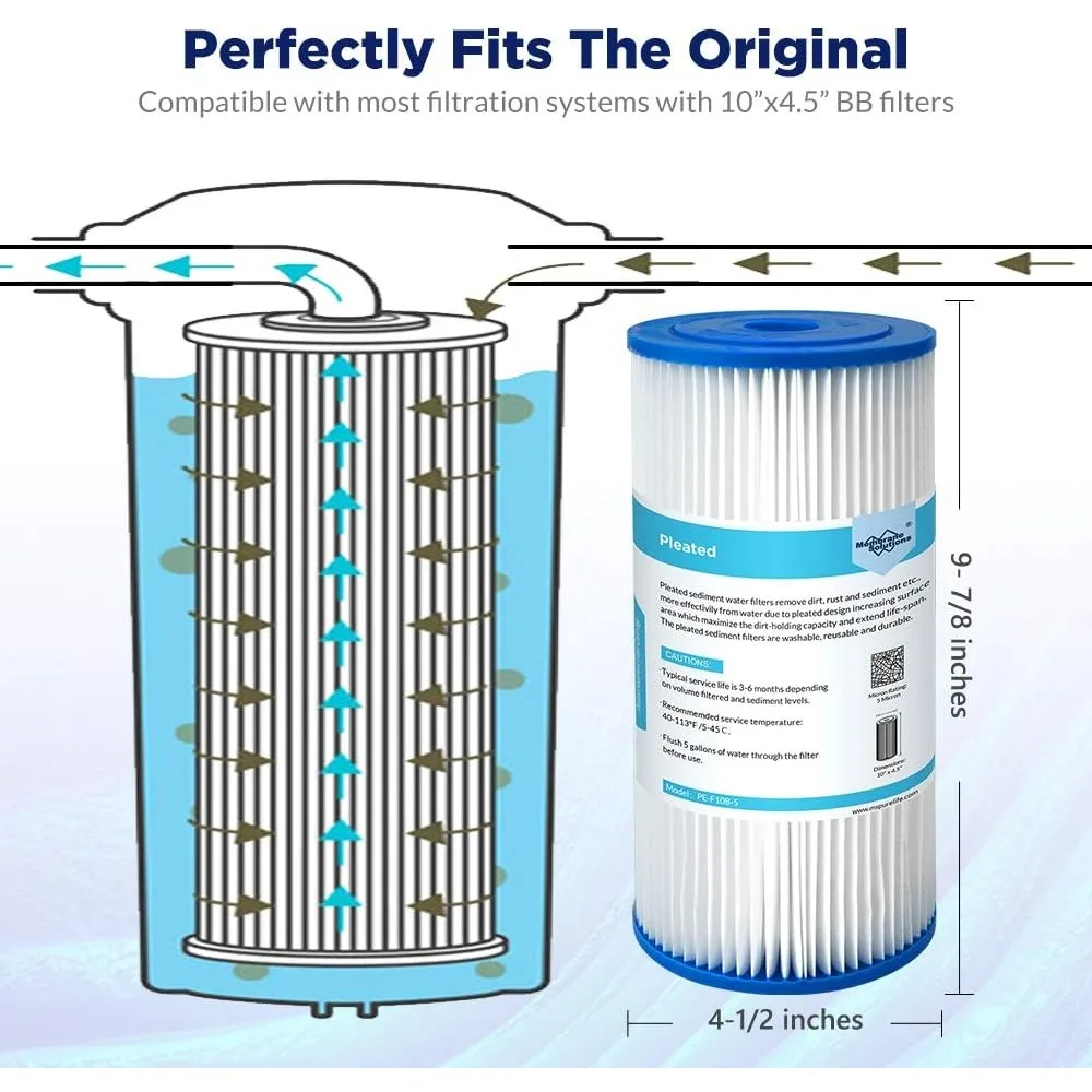 Membrane Solutions 20 Micron Pleated Water Filter Home 10"x4.5" Whole House Heavy Duty Sediment Replacement Cartridge Compatible