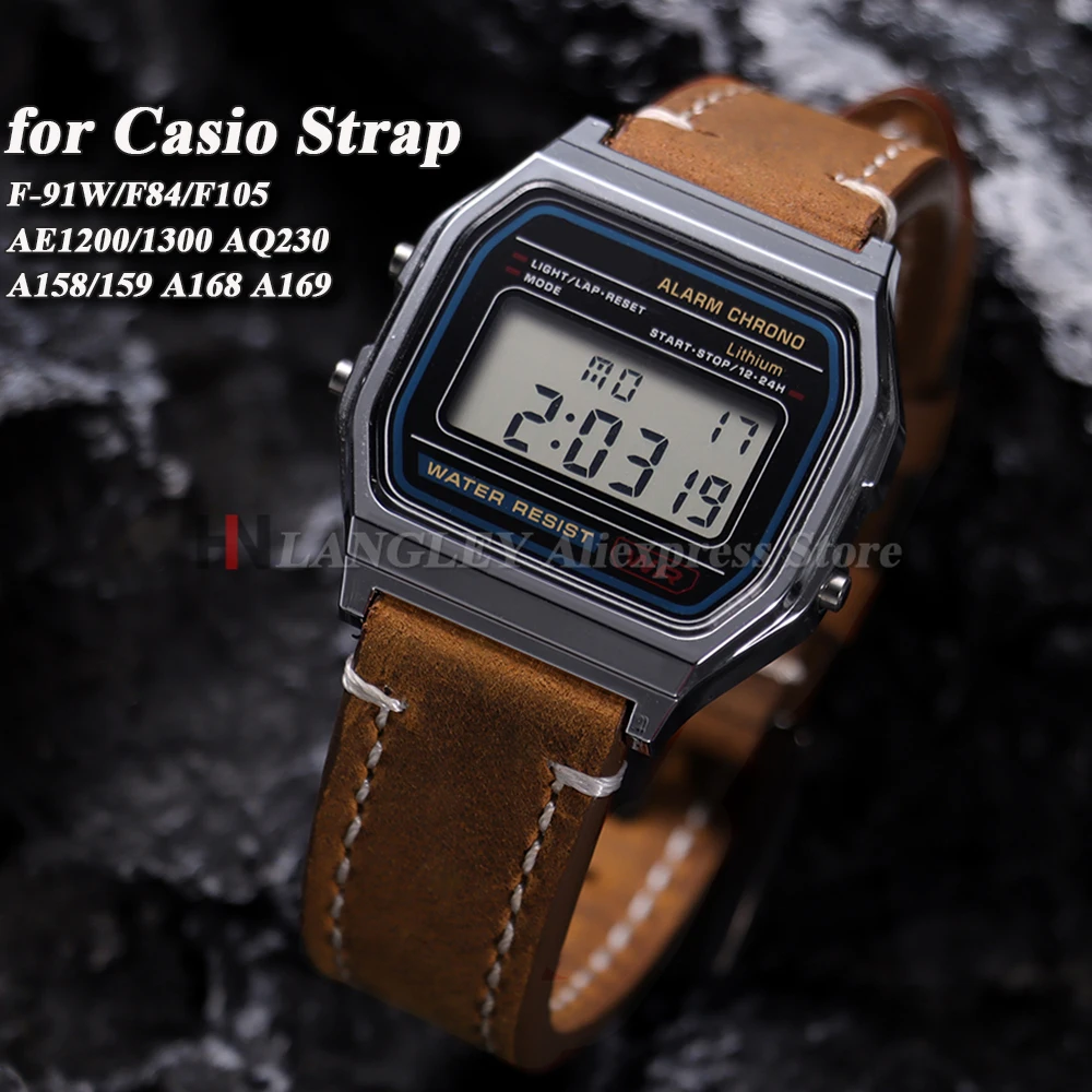 CASIO F91W W-800H SGW400 F84 F105/108 A158/168 AE1200/1300 남성용 손목 팔찌 용 소 가죽 정품 가죽 시계 밴드 18mm