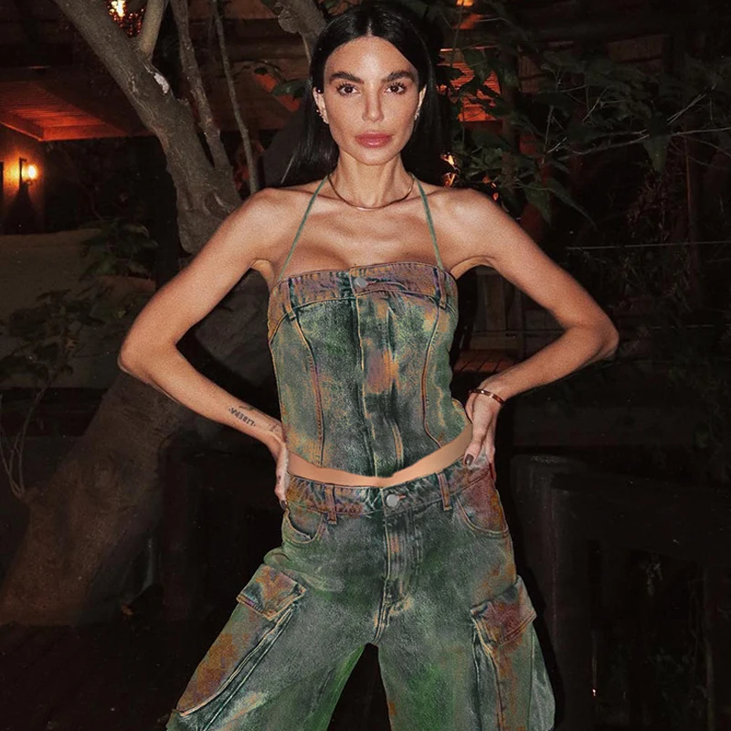 Women Tie Dye Washed Denim Cargo Pants Big Multi-pockets Straight Jeans Loose Trousers Cool Hiphop Lady Baggy Pants Streetwear