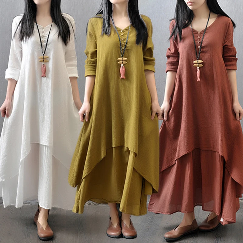 

2023 new spring summer Irregular Button Women Cotton Linen Pocket Dress Korean O-Neck Short Sleeve Loose Solid Midi Dresses