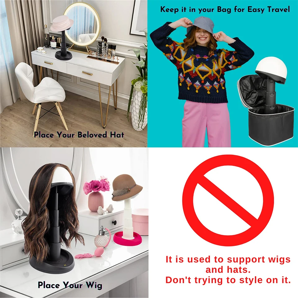 여행 및 미용실용 조절 가능한 가발 헤드-스티로폼 헤드, 접이식 컴팩트 스탠드, 길고 짧은 가발용 확장, 블랙