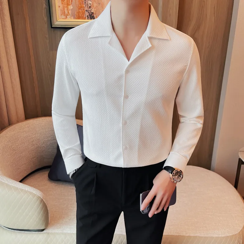 남성용 V넥 긴팔 셔츠, 비즈니스 용수철, 편안한 캐주얼 격자 무늬 셔츠, 단색, 폭발적인 고급 패션