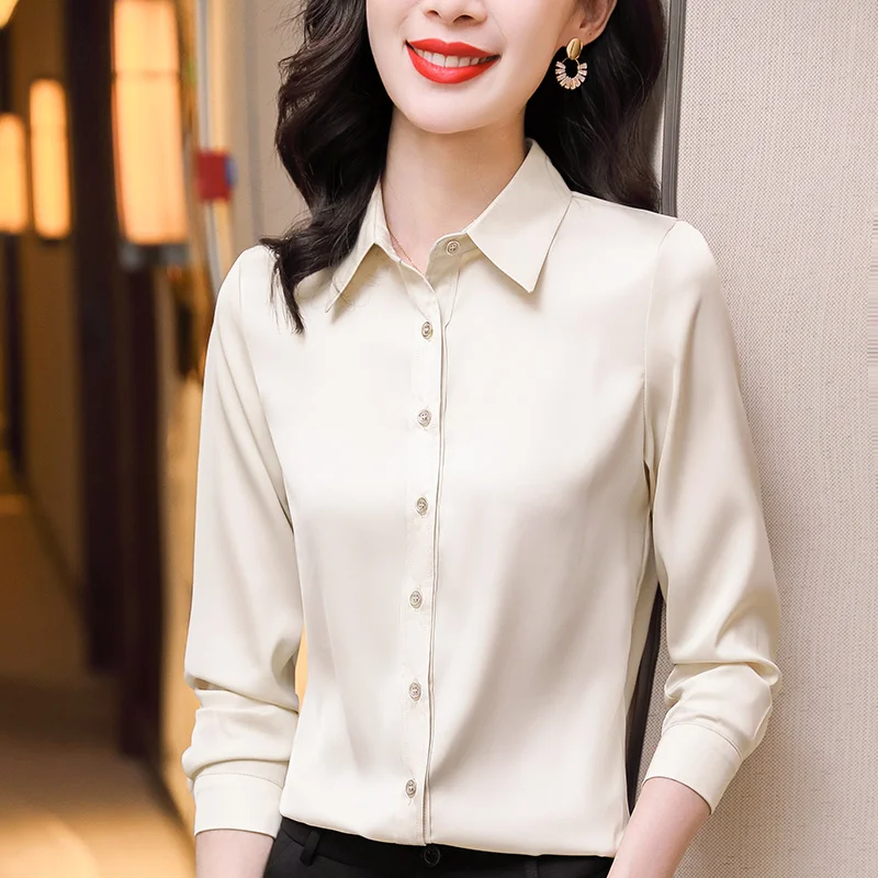 

New Female Fashion Trend Versatile Long Sleeved Shirt For Women'S Spring And Autumn Lapel Temperament Chiffon Bottom Top