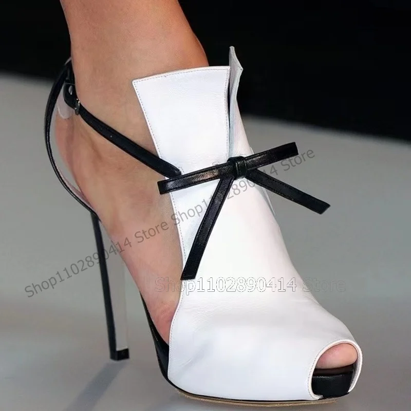 

Black Bow Knot White Peep Toe Runway Pumps Ankle Buckle Strap Women Shoes Thin High Heels Fashion Party 2024 Zapatos Para Mujere