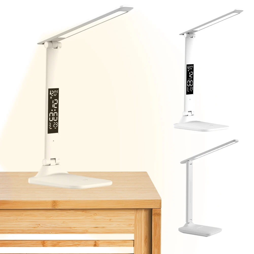 LED Desk Lamp 3 Color Dimmable Office Table Lamp with Clock Date Temperature Reading Light for Student Dormitory Bedroom Reading 2