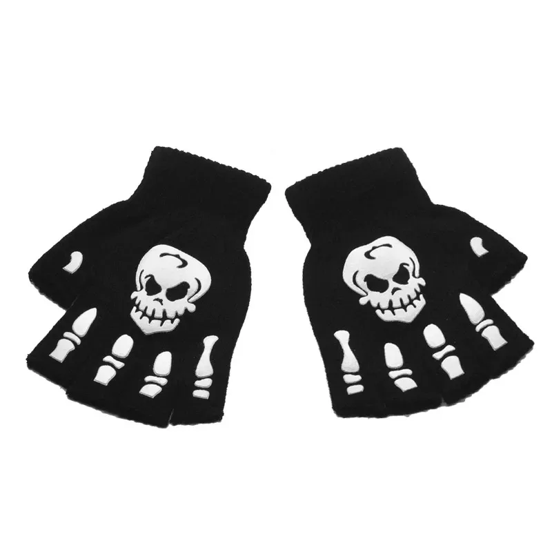 1/4pairs Gloves Universal Halloween Skeleton Half Finger Gloves Luminous Fingerless Elastic Knitted Winter Multi Finger Gloves