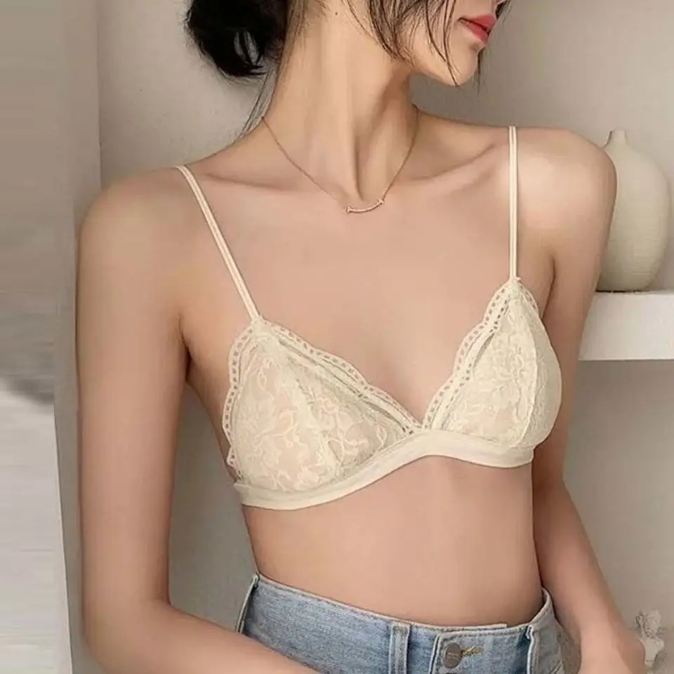 French Style Bra Without Steel Ring Lace Bralette Thin Underwear Triangle  Cup Bra Women Brasieres Wireless Lingerie Color Black Cup Size One Size