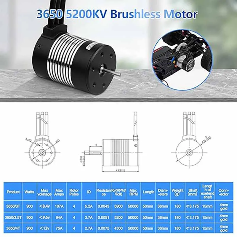 RC카 브러시리스 모터 1/10 540 3650 5200KV 3.175mm 샤프트 고속 방수 모터 (대부분의 1:10 스케일 RC 차량 트럭용)