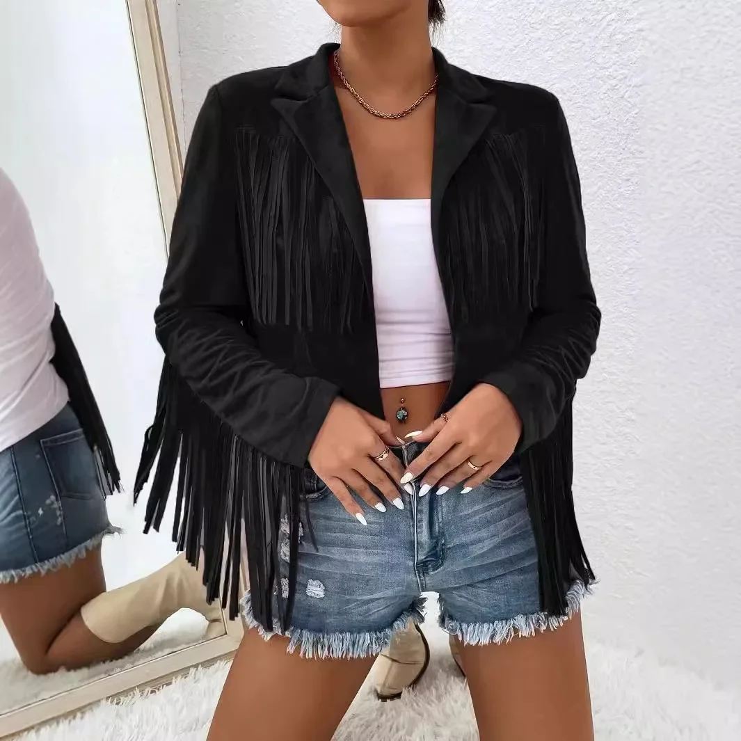 Women's Autumn Slim Long Sleeve Printed Tassel Coats
