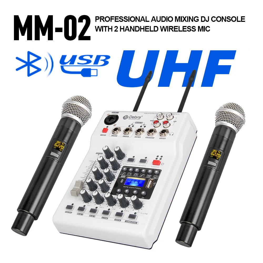 Audio MM-02  DJ Mixer Console With UHF 2  Wireless Microphones with 48V Phantom