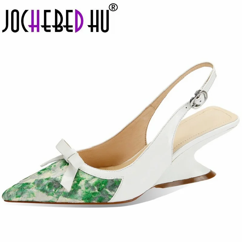 

【JOCHEBED HU】Women Brand Genuine Leather Flats Slingback Closed and Pointed Toe Shallow Slides Buckle Slingback Sandals Dress