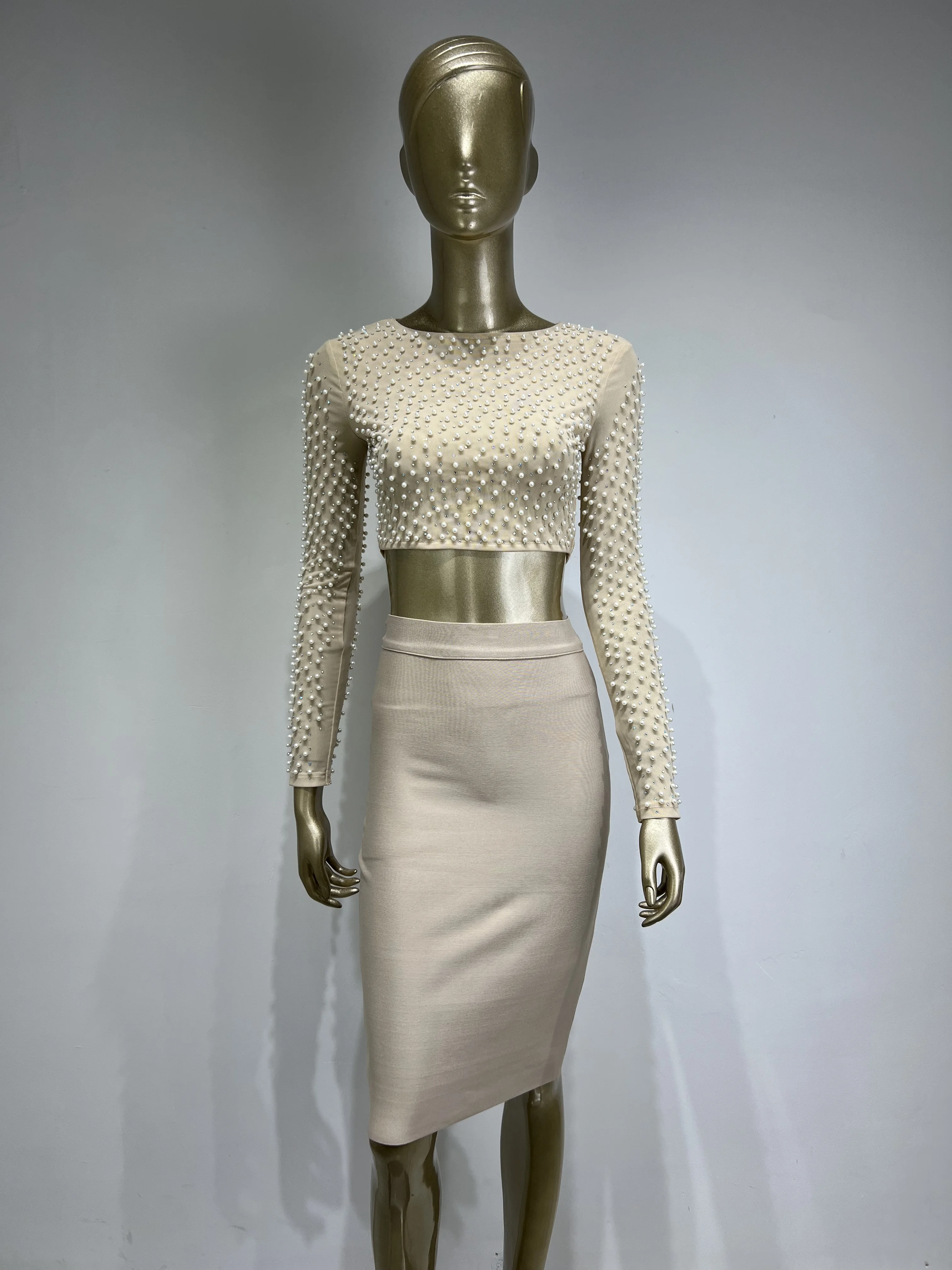 Jupe Bandage H&M – Beige Géométrique – Taille 10 – Zip – Coton Et Viscose