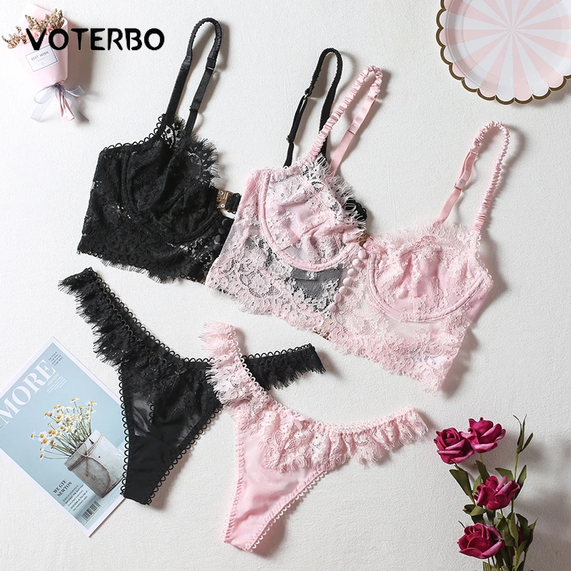Lencería Sexy para mujer, ropa interior de encaje pestañas, Bralette de realce, sujetador secreto rosa, lencería y conjunto de bragas|Conjunto de sujetador y braga| - AliExpress