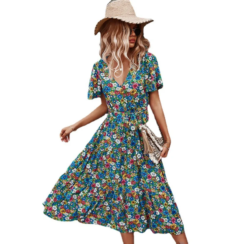 

Lace Patchwork Red Floral Dress Summer Women V-Neck Short Sleeve High Waist Printed Dresses Yellow Cotton Pullovers Slim Robes