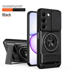 Enhanced Magnetic Military Armor Phone Case with Foldable Holder and Camera Protection for Realme C100 (SJia - Black)