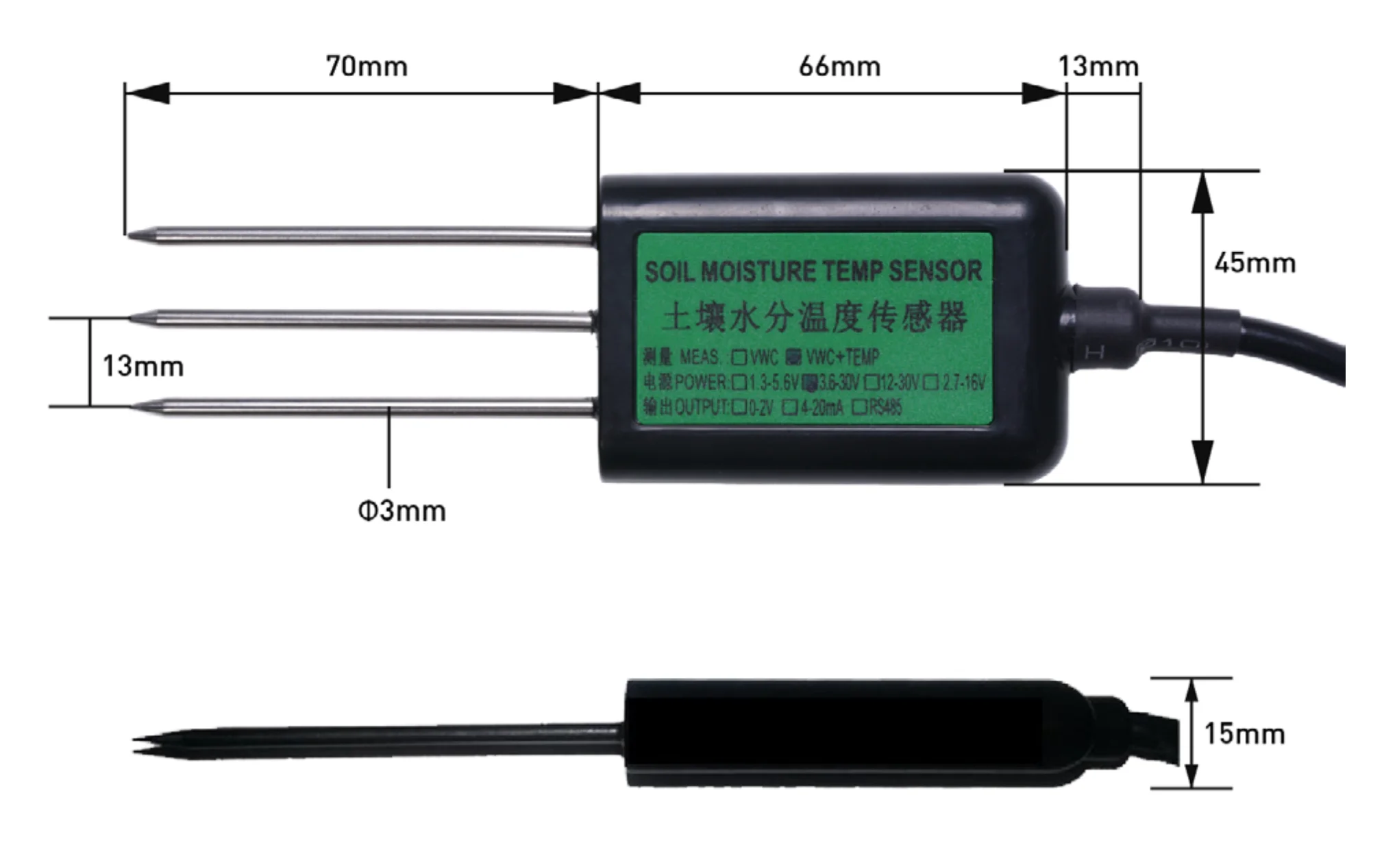 Industrial Soil Moisture & Temperature Sensor MODBUS-RTU RS485, 0-2V Analog Volt