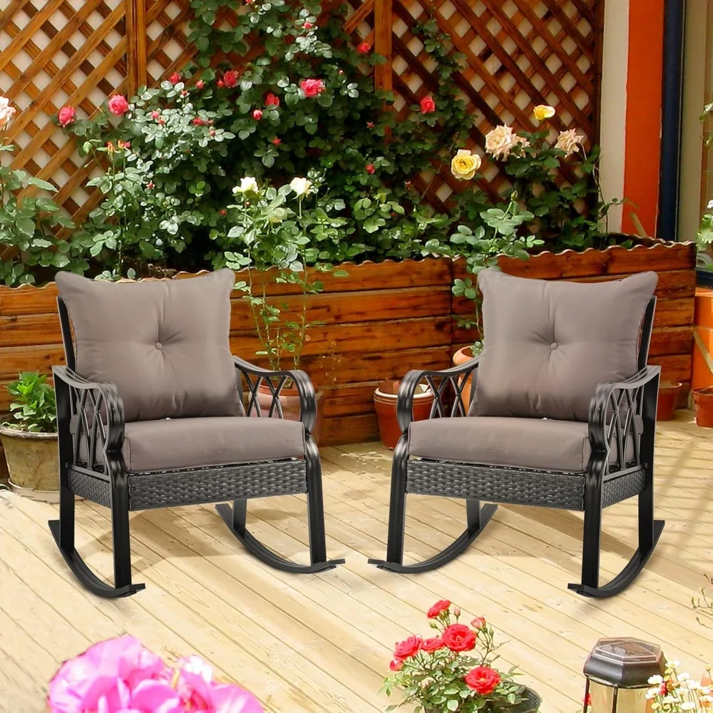 2 Piece Outdoor Wicker Rocking Chairs with Padded Cushions, Aluminum Furniture Rattan Porch Rocker Chairs with/Armrest 2