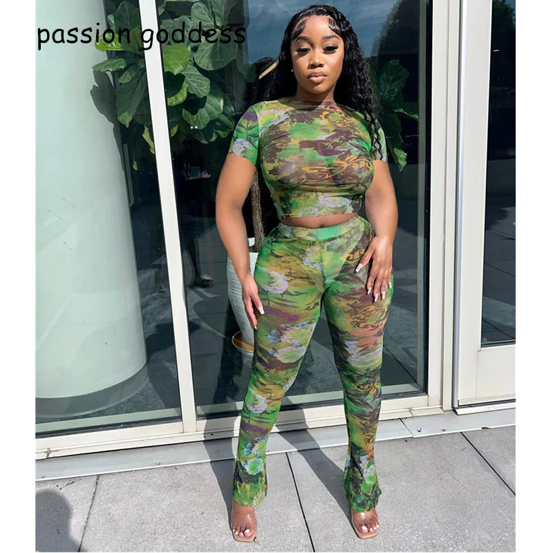 

2023 Street Floral Print Mesh Sexy Two Piece Sets Women Summer Skinny Flare Long Pants and Slim T Shirt Tops Outfits Tracksuits