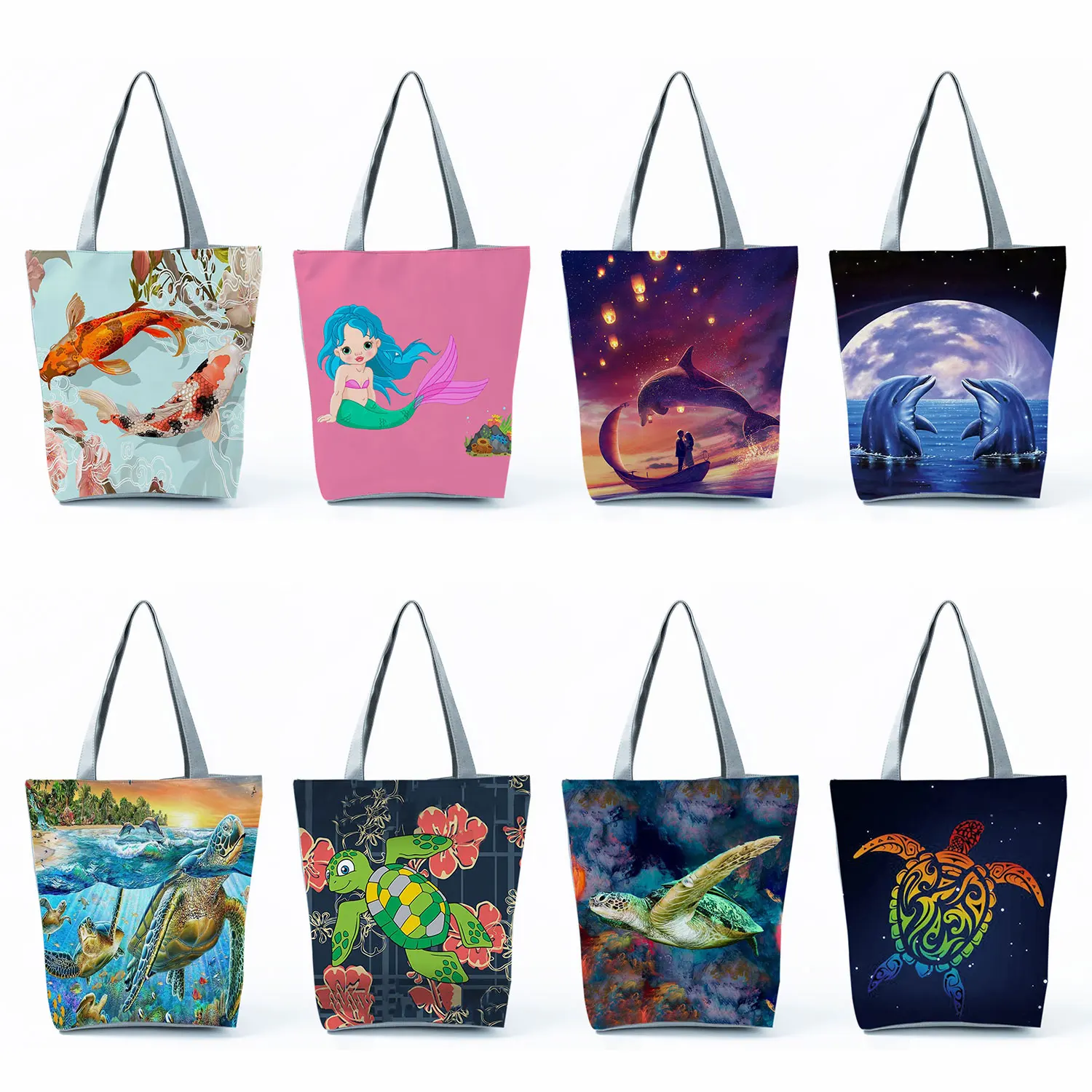 

Women Groceries Shopping Bags Large Capacity Shoulder Travel Beach Bag Casual Ocean Series Handbags Foldable Whale Turtle Print