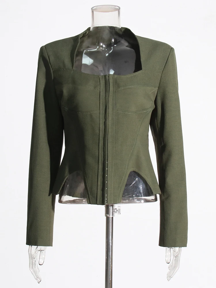TWOTWINSTYLE Solid Slimming Sexy Irregular Coats For Women Square Collar Long Sleeve Temperament Jackets Female Fashion 2023 New