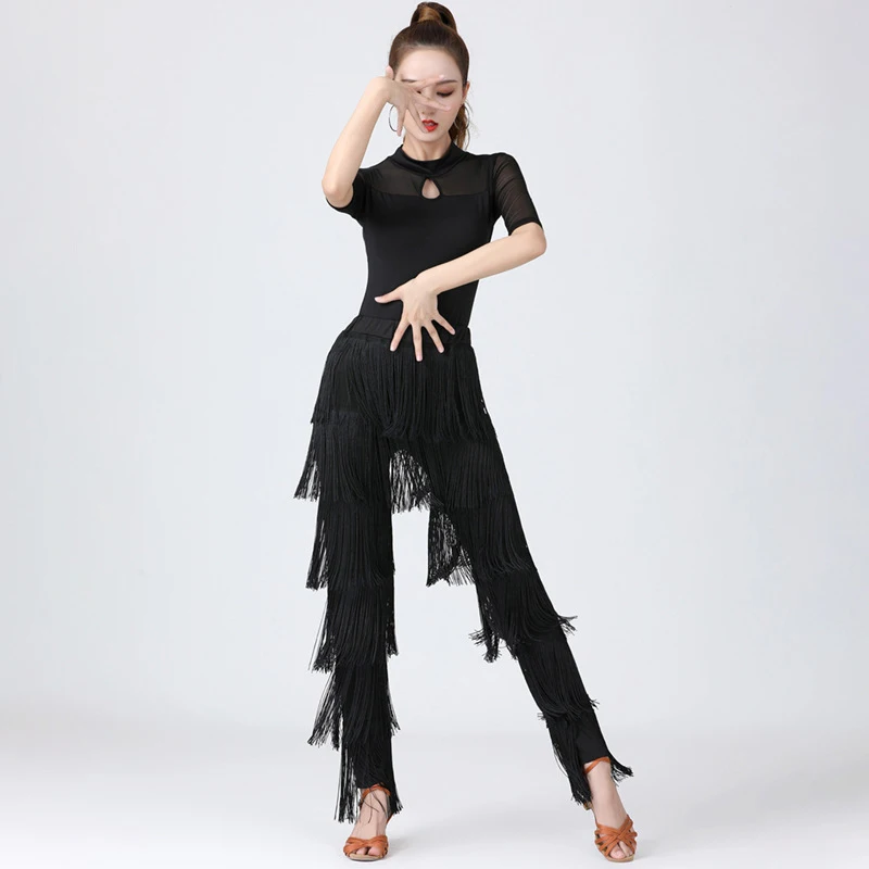 Women's Latin Dance Pants Tassel Ballroom Dance Professional Black Adult Fringe Rumba Tango Salsa Practice Pants