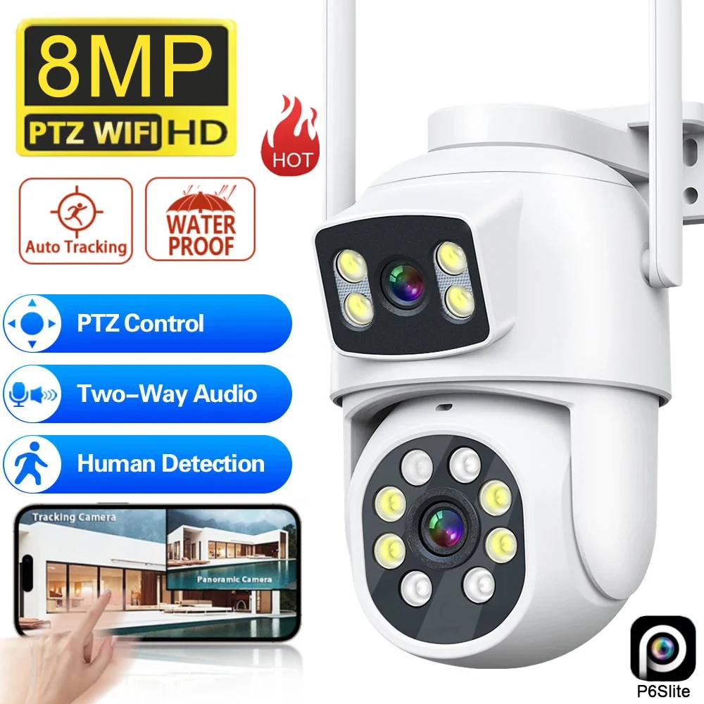 4K 8MP WiFi IP Camera Outdoor 4X Zoom Three Lens Dual Screens 6MP CCTV Video Cam Auto Tracking Security Protection Surveillance
