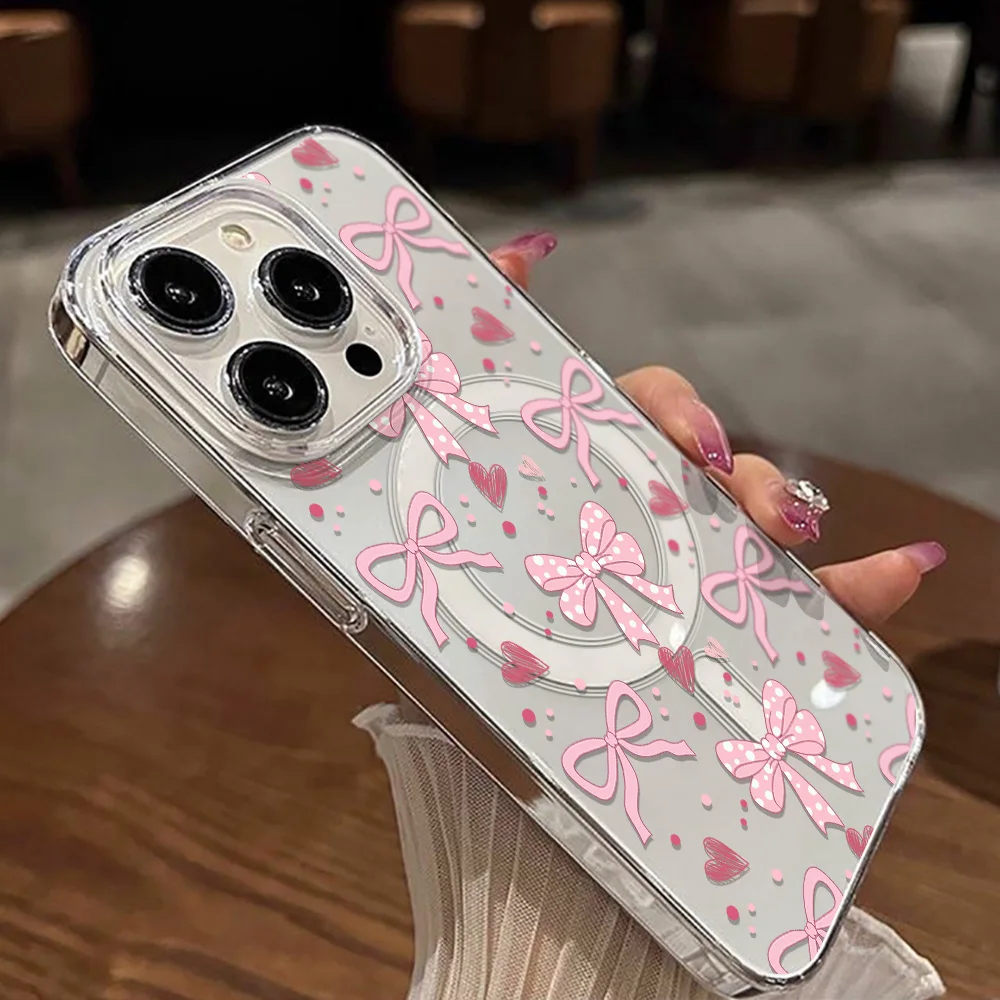 Elegant Pink Bow Transparent Phone Case - Shockproof & Protective Cover with Wireless Charging Compatibility