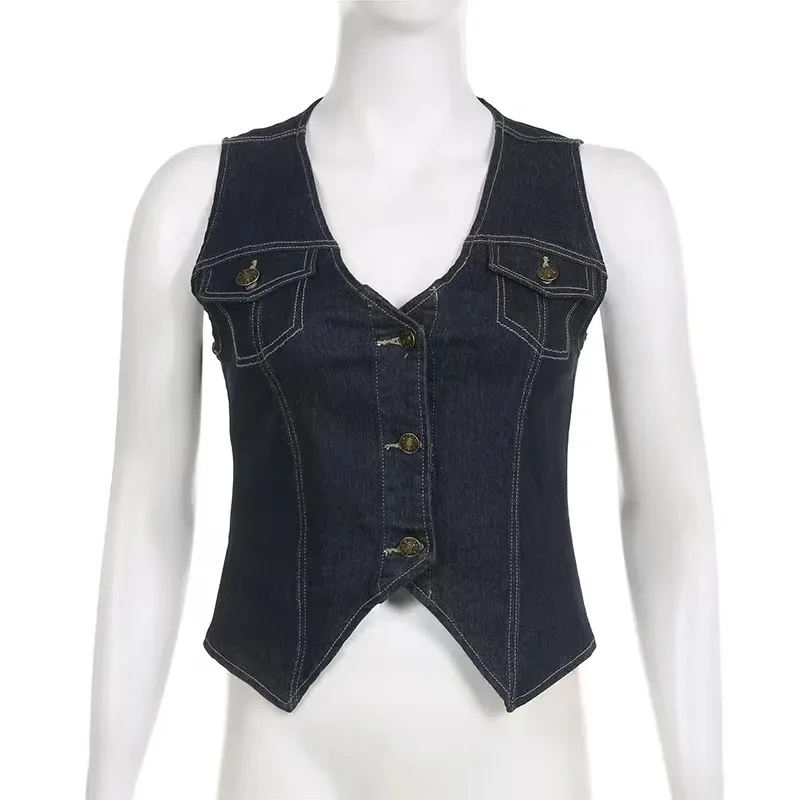 Deeptown Vintage Y2k Blue Denim Vest Women Streetwear 2024 Summer Korean Fashion Jean Sleeveless Jacket Chic and Elegant Top