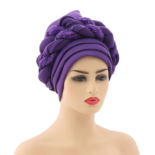 Turbans for Women Pleated Beanie Headwrap African Hat Arab Wrap Muslim Scarf Hijabs Hair Aso Oke Auto Gele Readymade to Wear Cap 027
