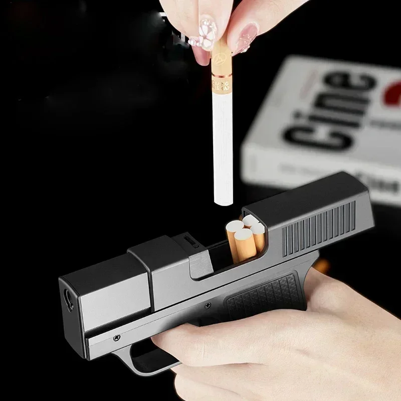 Creative Pistol Gun Lighters with Cigarette Case Jet Torch Lighter Capacity 10PCS Cigarette Windproof Cigar Lighter Isqueiro