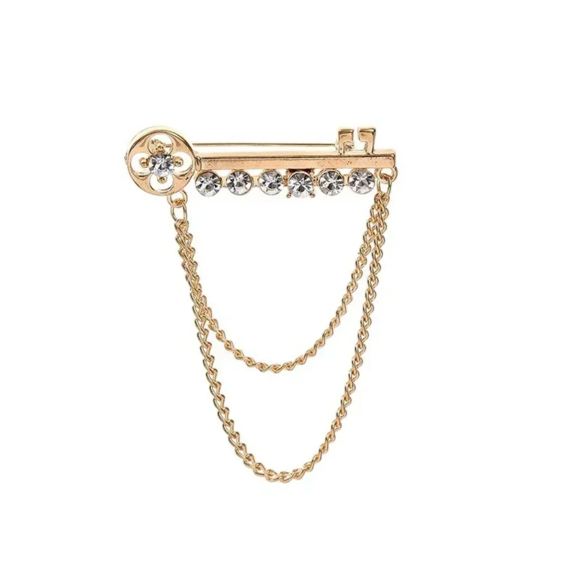 남성용 한국 키 태슬 체인 브로치 핀, 라인스톤 합금 배지 가디건 셔츠 칼라 핀, 정장 패션 쥬얼리 액세서리