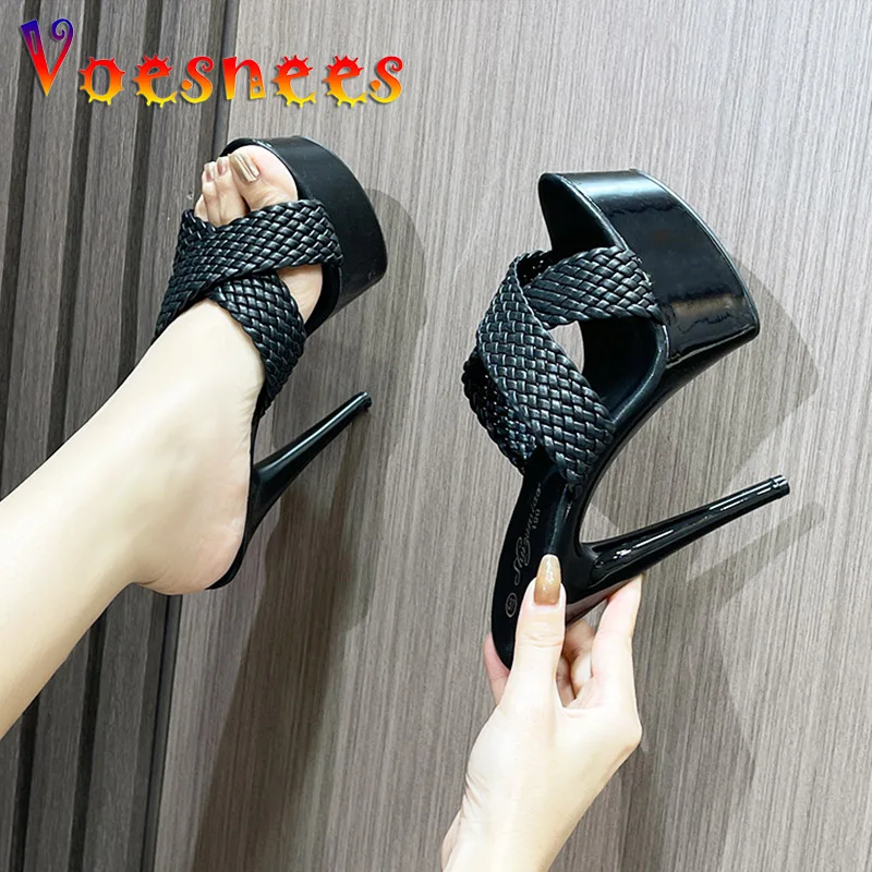 Women Slippers 15CM Summer Thin High Heels Pumps Black Fashion Weave Sandals Plus Size Europe And America Ladies Shoes