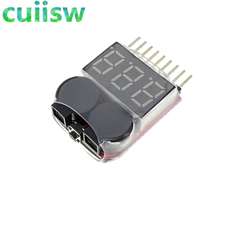 Testeur de tension pour batterie Li-ion 1-8S avec bouton de contrôle et alarme basse tension intégrée.