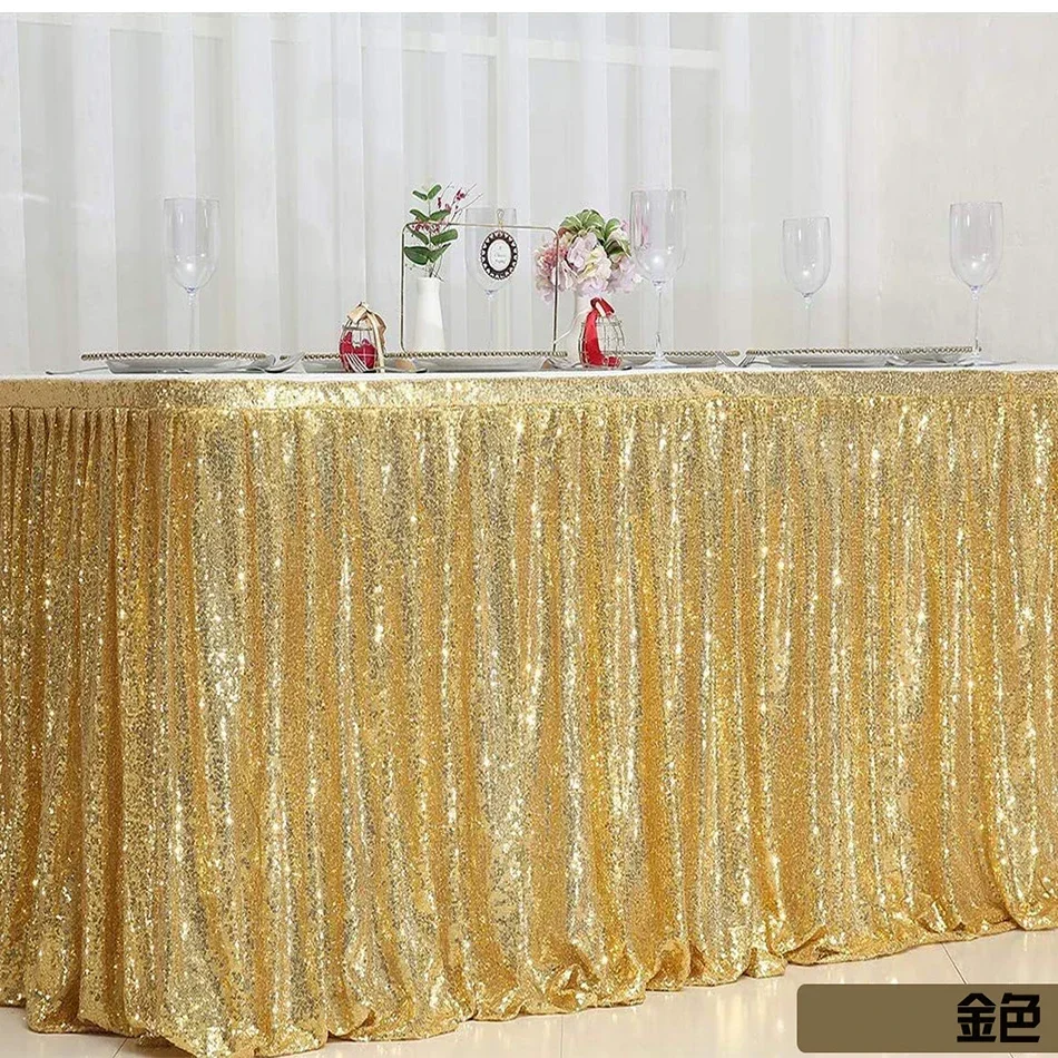 Gold Sequin Table Skirt Pleated Ruffle for Round Rectangle Square Table for Baby Birthday Party Banquet Wedding Christmas Table Skirt